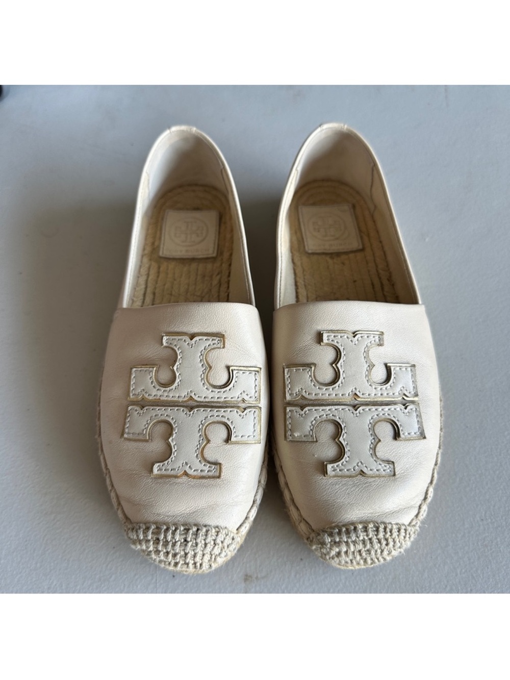 Tory Burch Cream Leather Logo Espadrille Slip-Ons